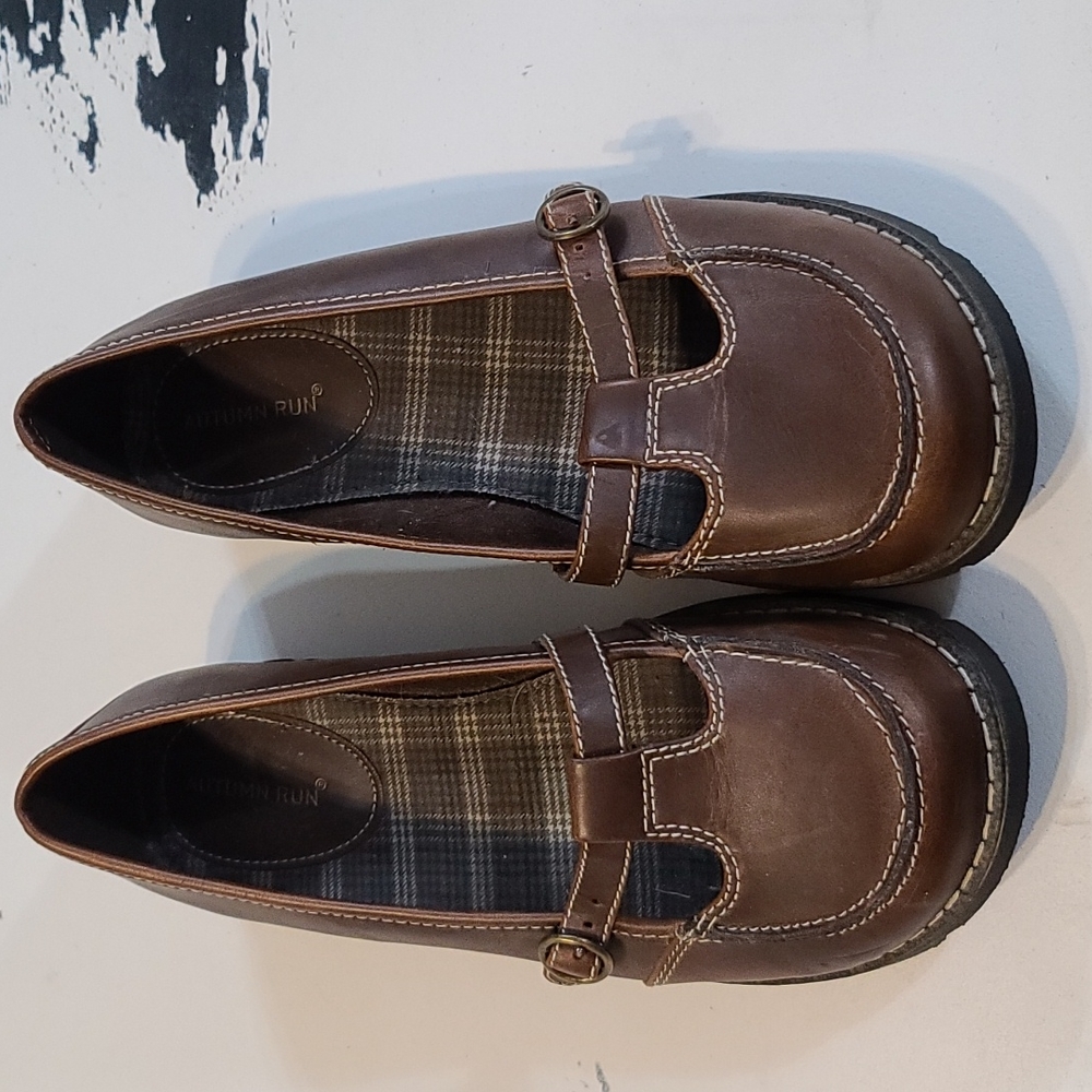 Brown Mary Jane Chunky Sole Loafers Straps Brown Faux Leather Size 7